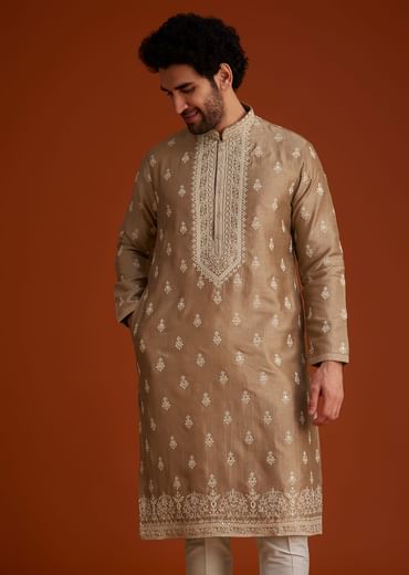 Beige Zari Embroidered Kurta Pajama Set