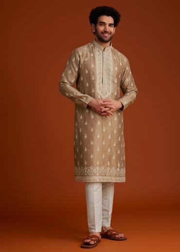 Beige Zari Embroidered Kurta Pajama Set