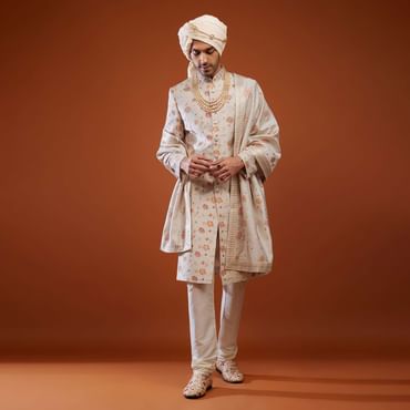 Beige White Thread Embroidered Tussar Silk Sherwani Set
