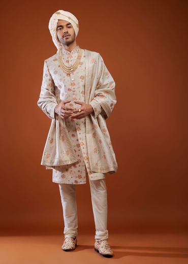 Beige White Thread Embroidered Tussar Silk Sherwani Set