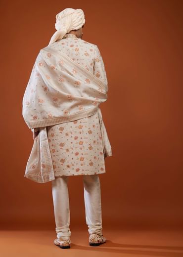 Beige White Thread Embroidered Tussar Silk Sherwani Set