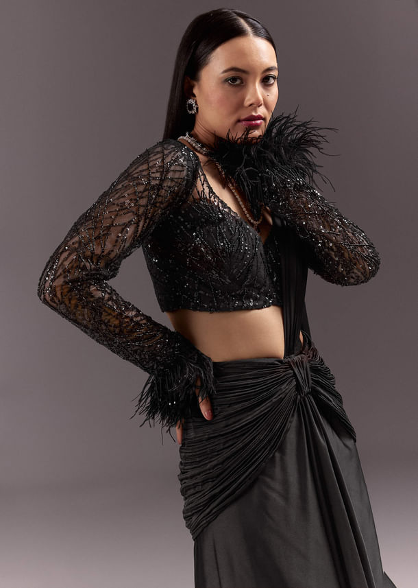 Black 3D Patchwork Cutdana Drape Saree With Sleeveless Overlap Blouse Black 3D Patchwork Cutdana Drape Saree With Sleeveless Overlap Blouse