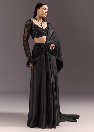 Black 3D Patchwork Cutdana Drape Saree With Sleeveless Overlap Blouse