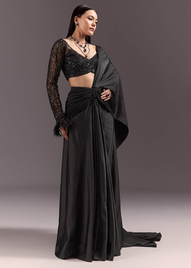 Black 3D Patchwork Cutdana Drape Saree With Sleeveless Overlap Blouse Black 3D Patchwork Cutdana Drape Saree With Sleeveless Overlap Blouse