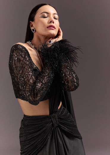 Black 3D Patchwork Cutdana Drape Saree With Sleeveless Overlap Blouse
