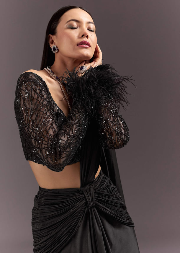 Black 3D Patchwork Cutdana Drape Saree With Sleeveless Overlap Blouse Black 3D Patchwork Cutdana Drape Saree With Sleeveless Overlap Blouse