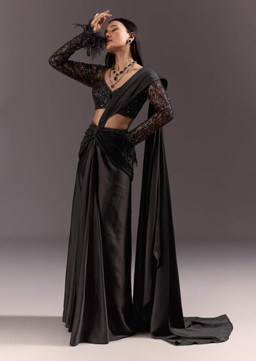 Black 3D Patchwork Cutdana Drape Saree With Sleeveless Overlap Blouse