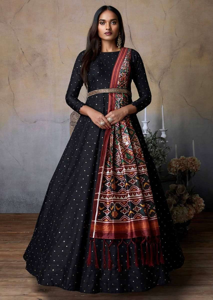 Buy Black Anarkali Suit In Cotton Silk With Sequins And Zari