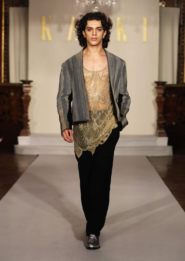 Black And Gold Indo Western Net Blazer Suit For Men With Beaded Work