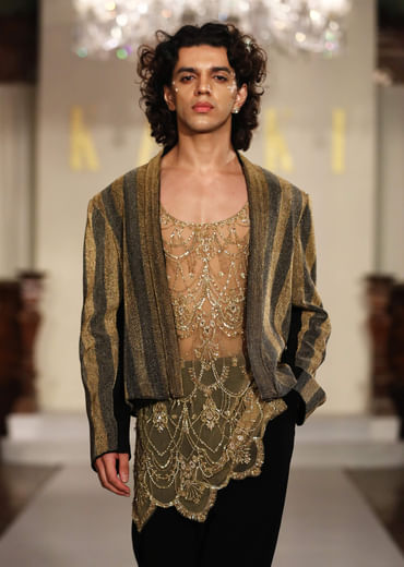 Black And Gold Indo Western Net Blazer Suit For Men With Beaded Work