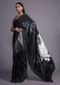 Black And Grey Ombre Saree In Satin Blend With Printed Floral Motifs And Kundan Accents Online - Kalki Fashion