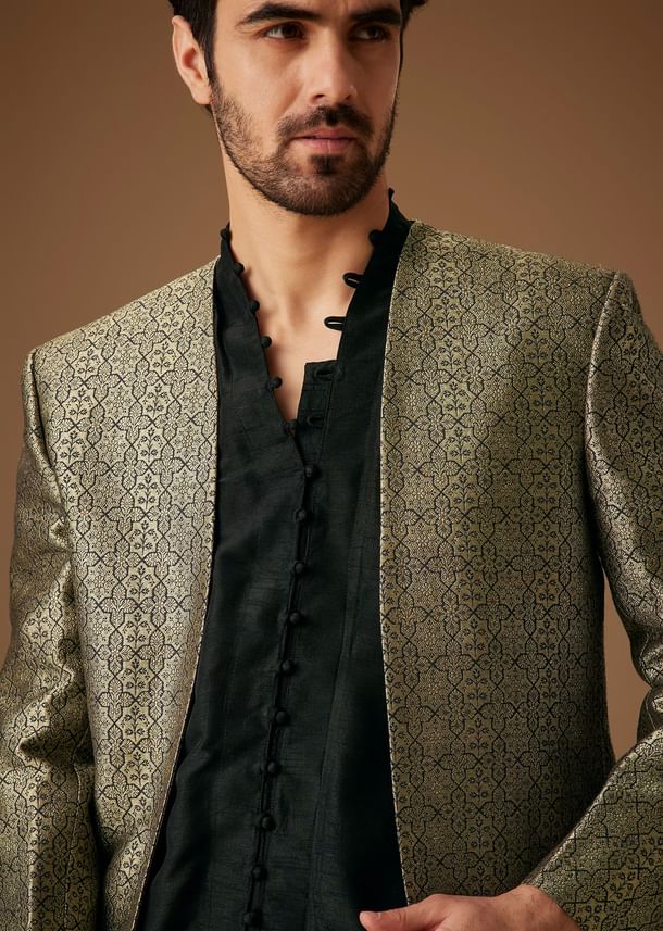 Black Banarasi Silk Indowestern Bandi Set