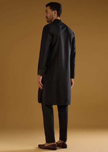 Black Banarasi Silk Kurta Set For Men With Cutdana Work