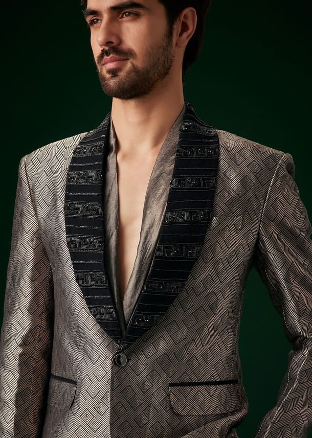 Black Banarasi Silk Tuxedo With Cut Dana And Crystal Embroidery
