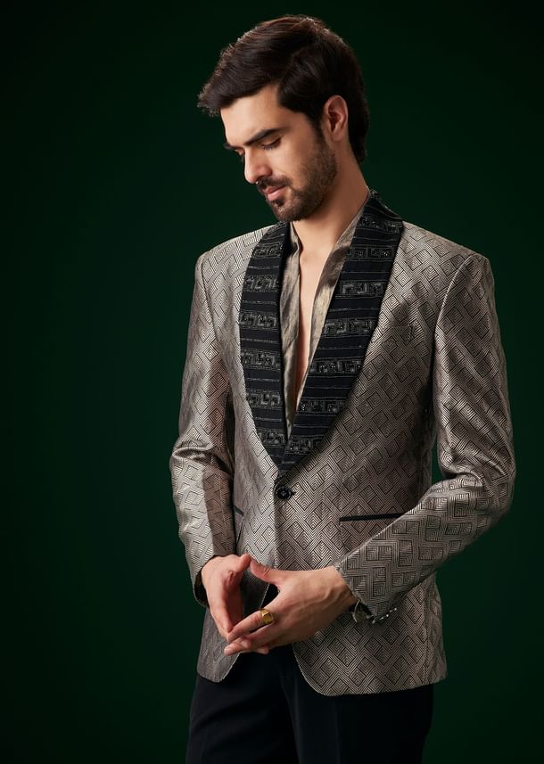Black Banarasi Silk Tuxedo With Cut Dana And Crystal Embroidery