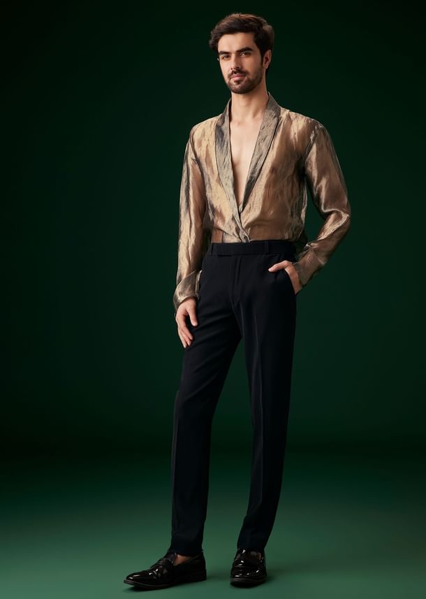 Black Banarasi Silk Tuxedo With Cut Dana And Crystal Embroidery