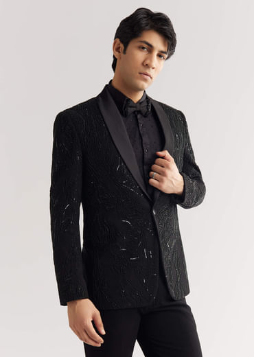 Black Beads And Sequin Embroidered Tuxedo Suit