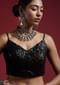 Black Blouse Embellished In Sequins With Strap Sleeves And V Neckline