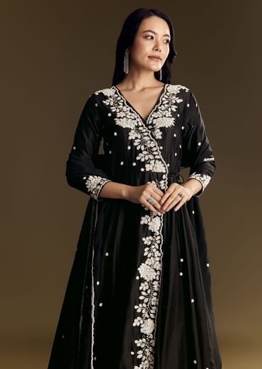 Black Chanderi Anarkali Suit With Moti And Sequins Work