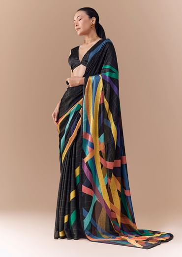 Black Checkered Printed Saree with Blouse Fabric