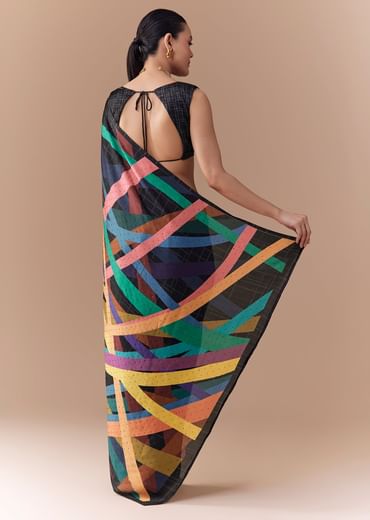 Black Checkered Printed Saree with Blouse Fabric