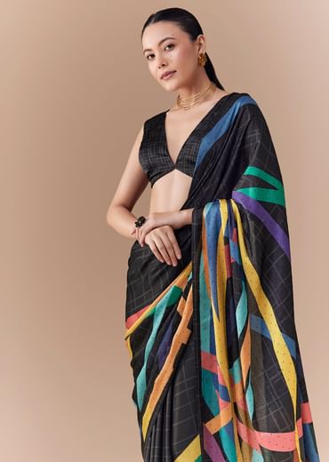 Black Checkered Printed Saree with Blouse Fabric