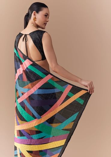 Black Checkered Printed Saree with Blouse Fabric