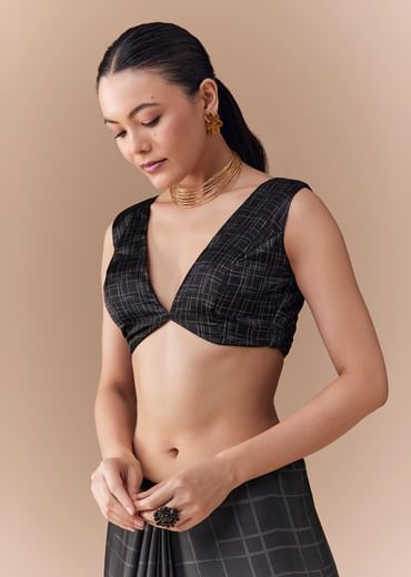 Black Checkered Printed Saree with Blouse Fabric