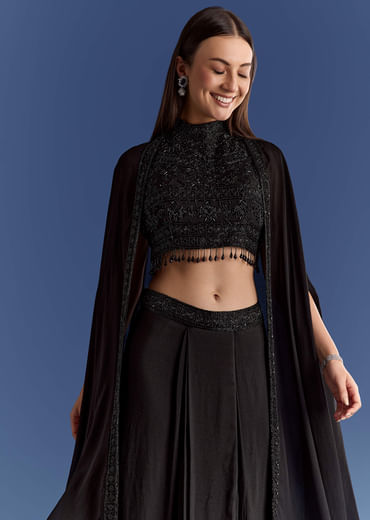 Black Chinon Cape Set With Embroidered Croptop And Skirt