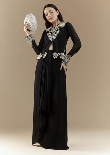 Black Chinon Crop Top and Skirt Set