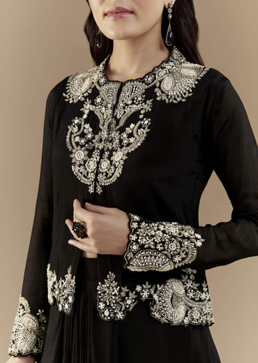 Black Chinon Crop Top and Skirt Set