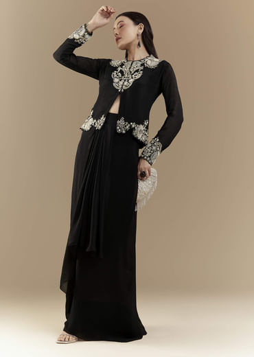 Black Chinon Crop Top and Skirt Set