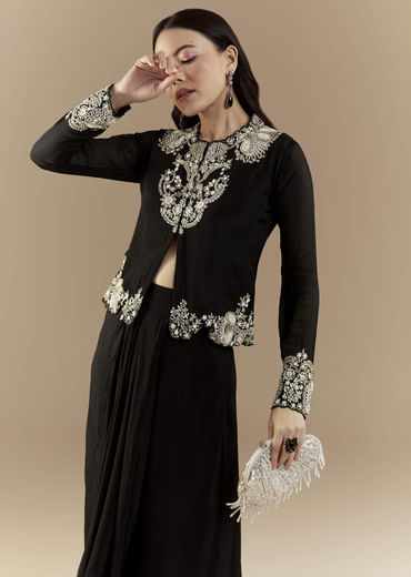 Black Chinon Crop Top and Skirt Set