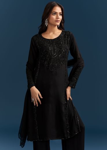 Black Chinon Kurta Set With Sequins And Cut Dana Work