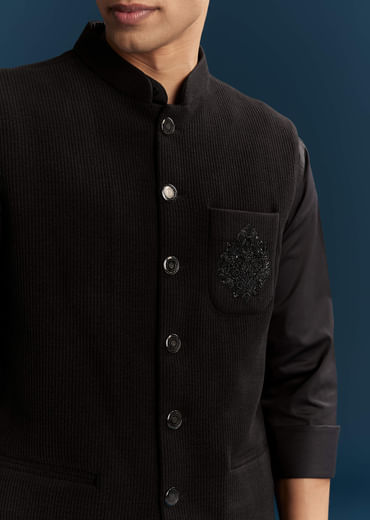 Black Corduroy Kurta Jacket Set For Men With Embroidery