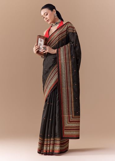 Black Cotton Linen Saree with Blouse Fabric