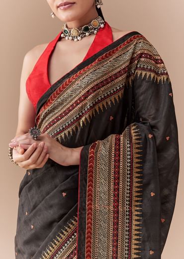 Black Cotton Linen Saree with Blouse Fabric