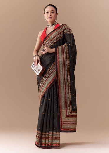 Black Cotton Linen Saree with Blouse Fabric