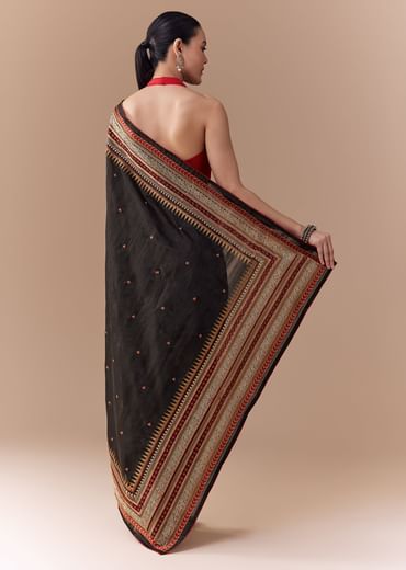Black Cotton Linen Saree with Blouse Fabric