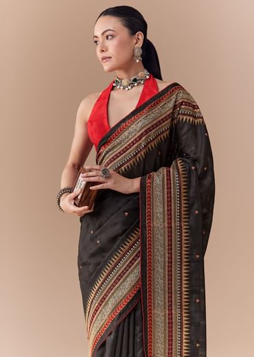 Black Cotton Linen Saree with Blouse Fabric