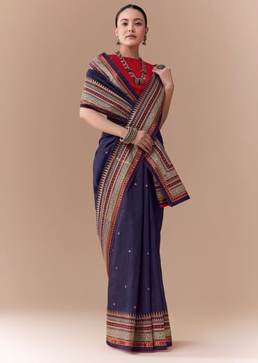 Black Cotton Linen Woven Saree with Blouse Fabric