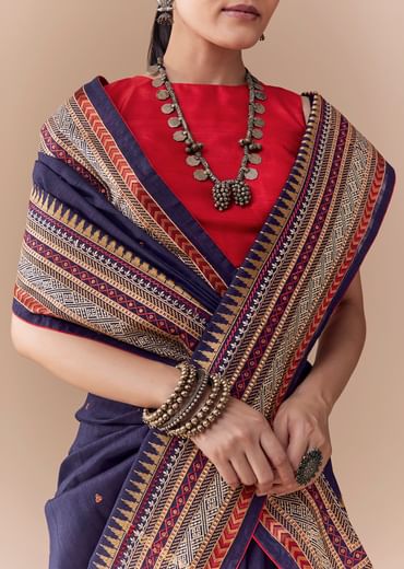 Black Cotton Linen Woven Saree with Blouse Fabric