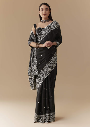Black Cotton Satin Embellished Saree with Unstitched Blouse
