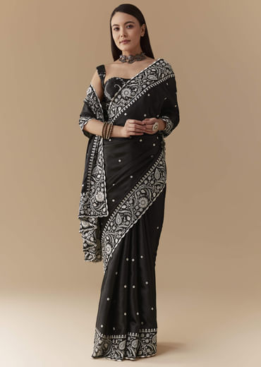 Black Cotton Satin Embellished Saree with Unstitched Blouse