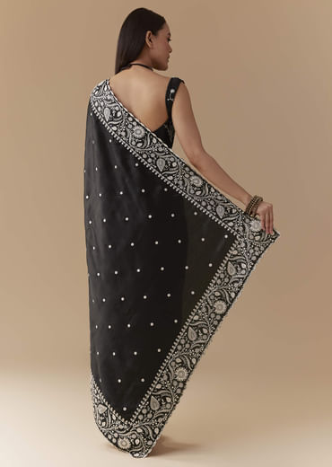 Black Cotton Satin Embellished Saree with Unstitched Blouse
