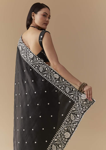Black Cotton Satin Embellished Saree with Unstitched Blouse
