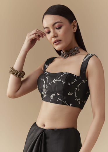 Black Cotton Satin Embellished Saree with Unstitched Blouse