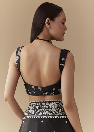 Black Cotton Satin Embellished Saree with Unstitched Blouse