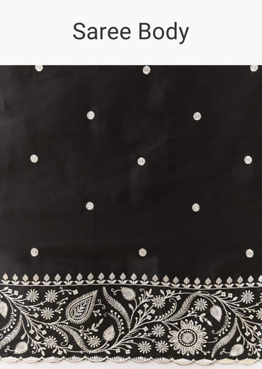 Black Cotton Satin Embellished Saree with Unstitched Blouse