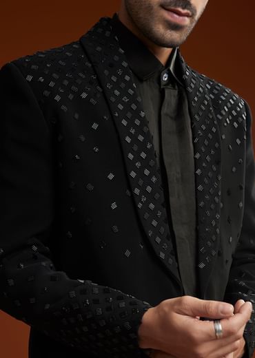 Black Cotton Satin Suit Set With Hand Embroidery